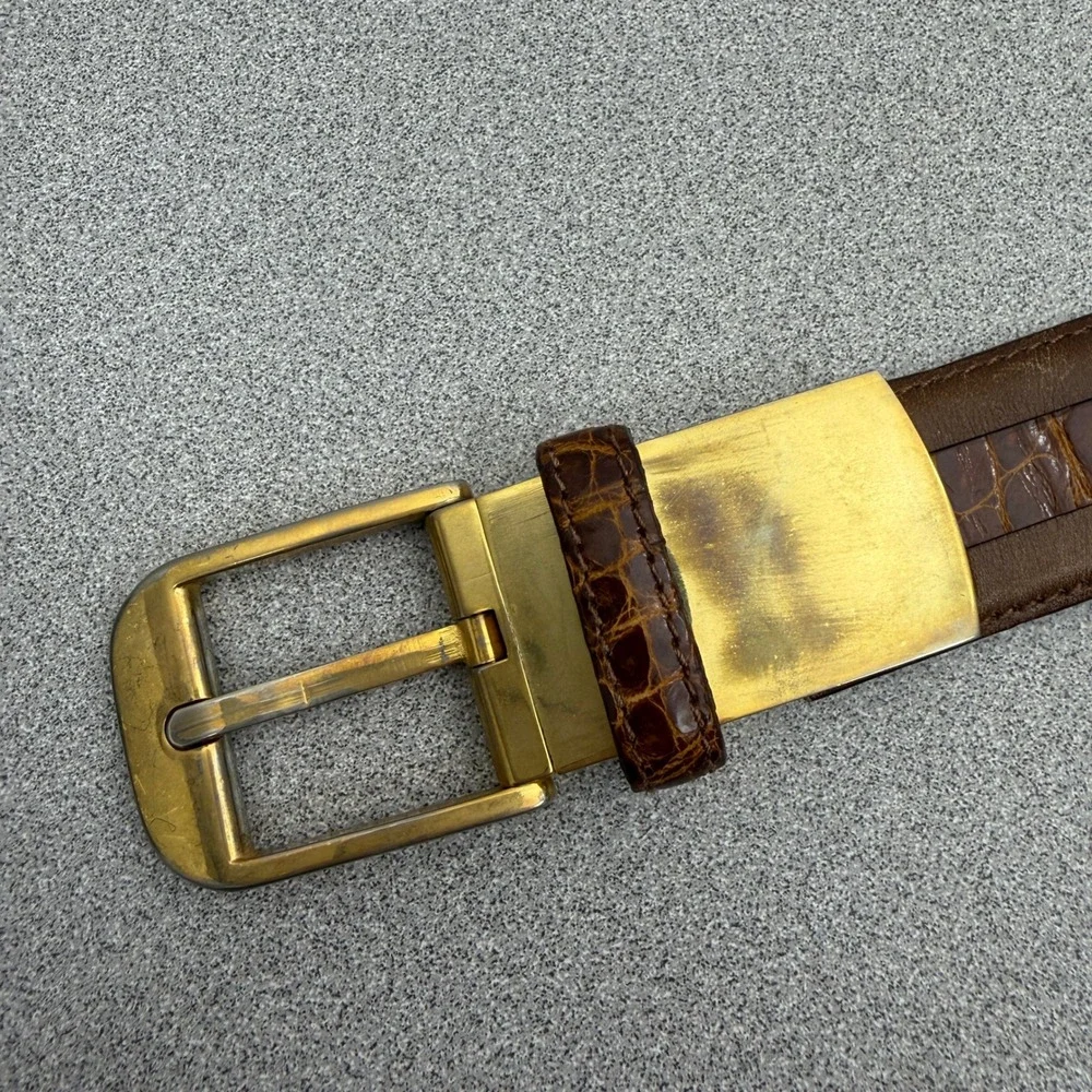 Maeni Parma Belt Mens Brown Leather Croc Exotic Inlay Gold Tone Buckle Italy *